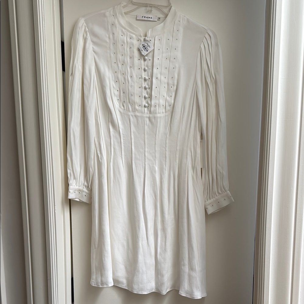 Frame Denim White Pleated Long Sleeve Dress